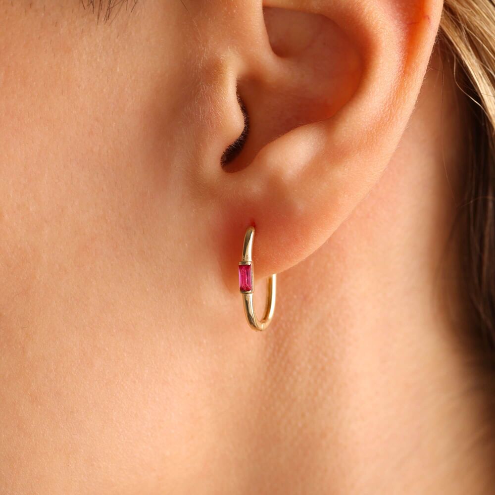 14K Solid Gold Baguette Earrings Ruby