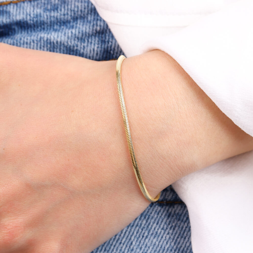 14K Solid Gold Herringbone Bracelet 2 mm