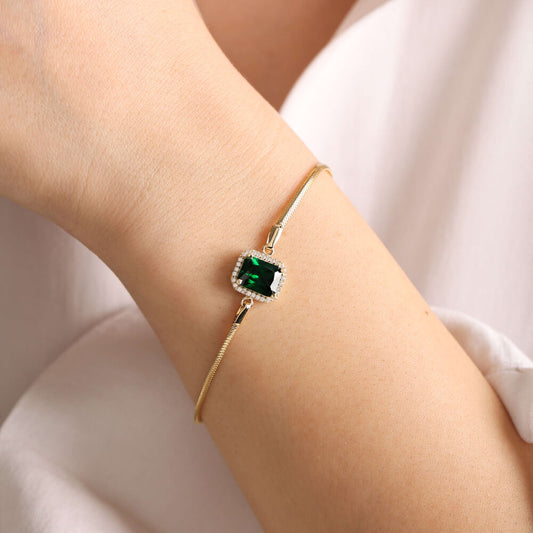 14K Solid Gold Herringbone Bracelet Emerald