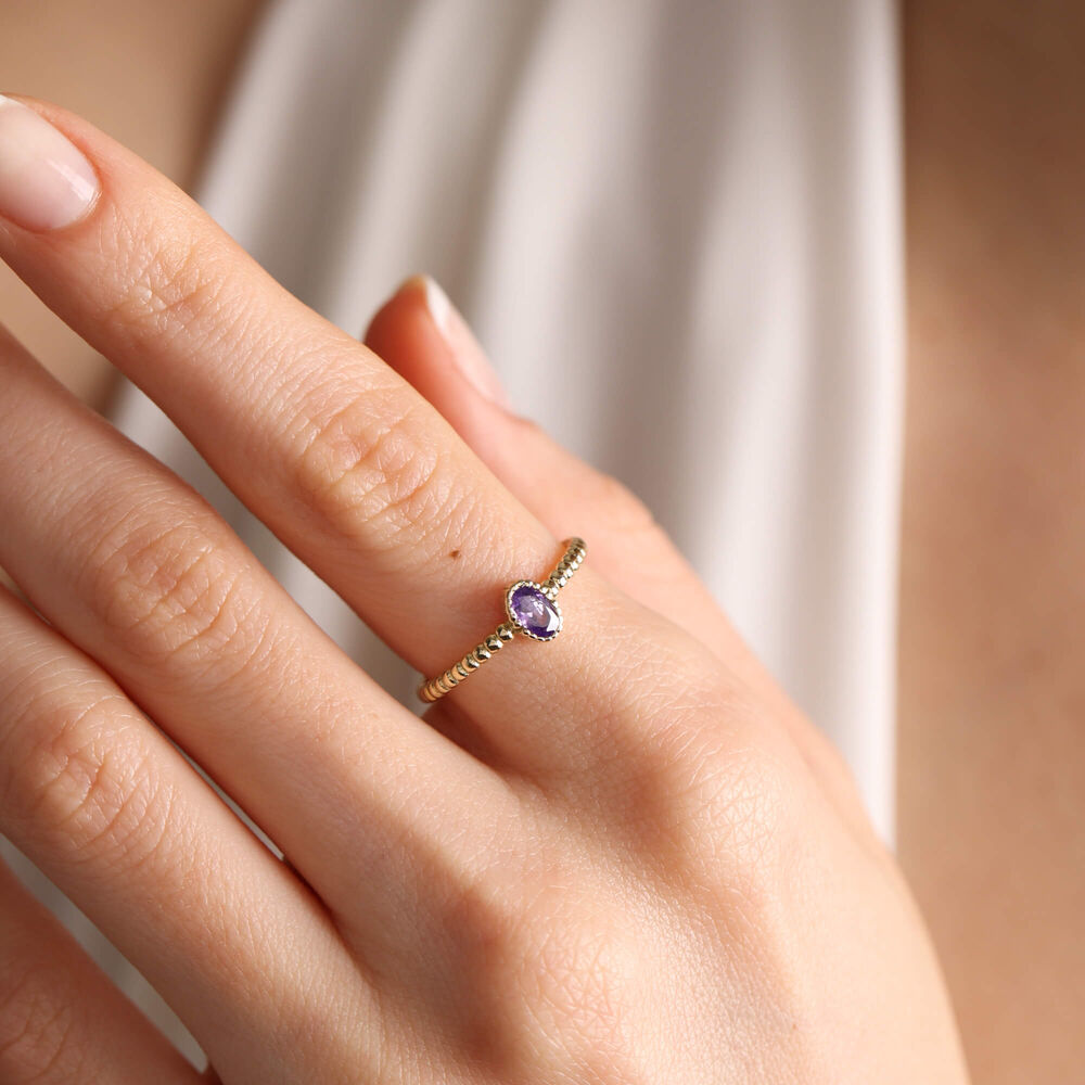 14K Solid Gold Birthstone Zodiac Sign Oval Amethyst Ring