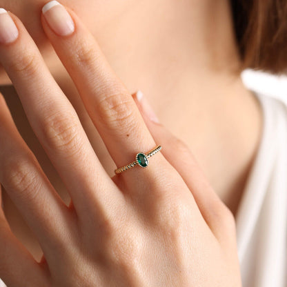 14K Solid Gold Birthstone Zodiac Sign Oval Emerald Ring