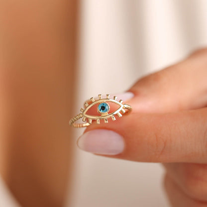 14K Solid Gold Evil Eye Eyelash Ring