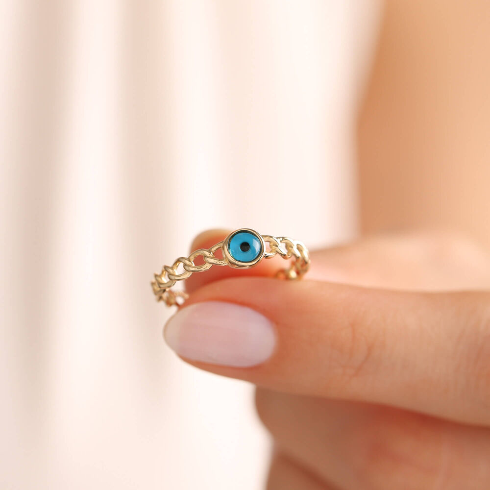 14K Solid Gold Evil Eye Ring Gourmet Chain