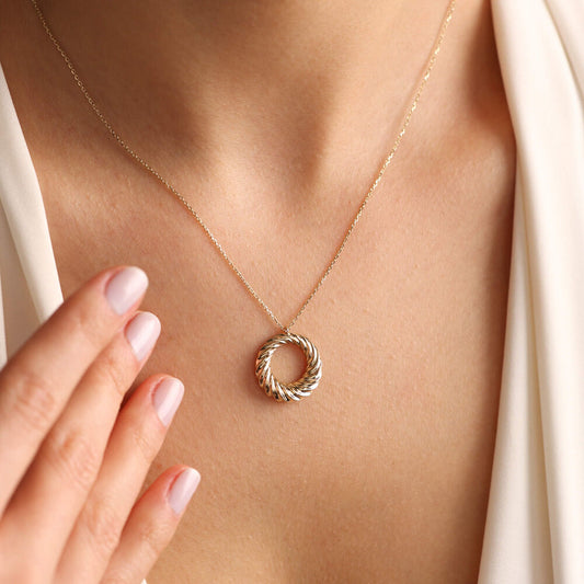 14K Solid Gold Hoop Necklace Circle