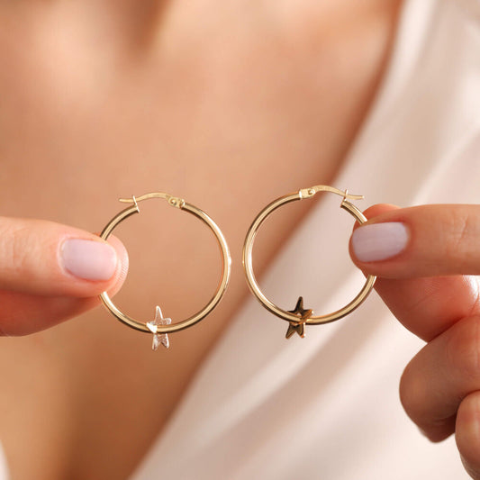 14K Solid Gold Hoop Earrings Star Form 3.0 cm