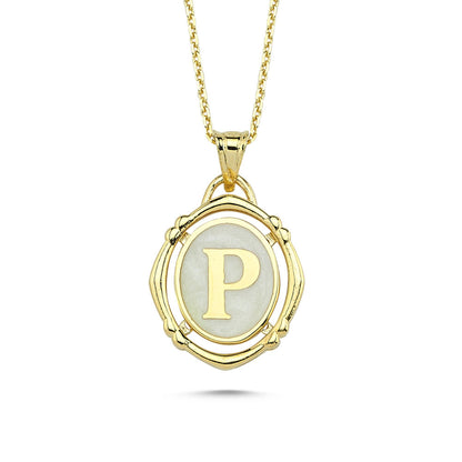 14K Solid Gold Initial Necklace Pearl Enamel