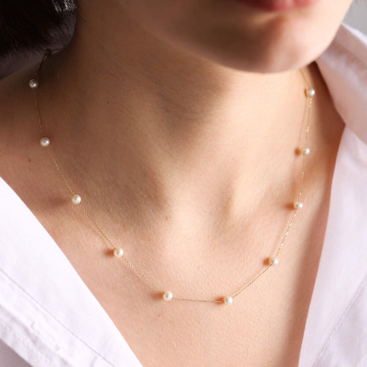 14K Solid Gold Pearl Necklace