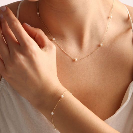 14K Solid Gold Pearl Necklace & Bracelet Set