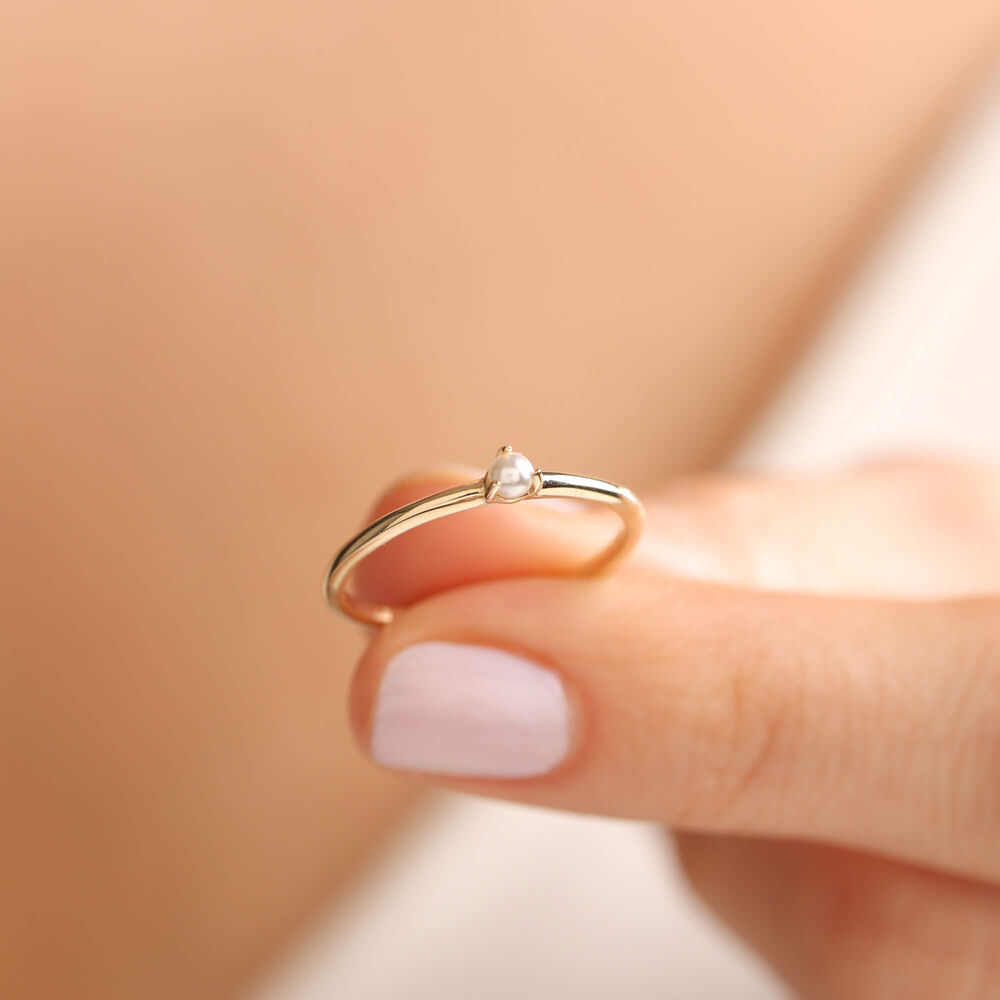 14K Solid Gold Pearl Ring Mini