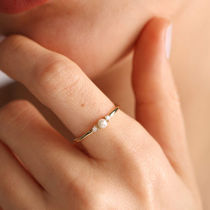 14K Solid Gold Pearl Ring Mini With Gemstone