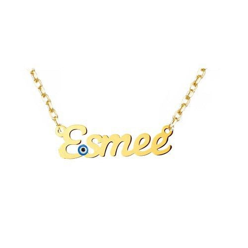 14K Solid Gold Personalized Name Necklace Evil Eye