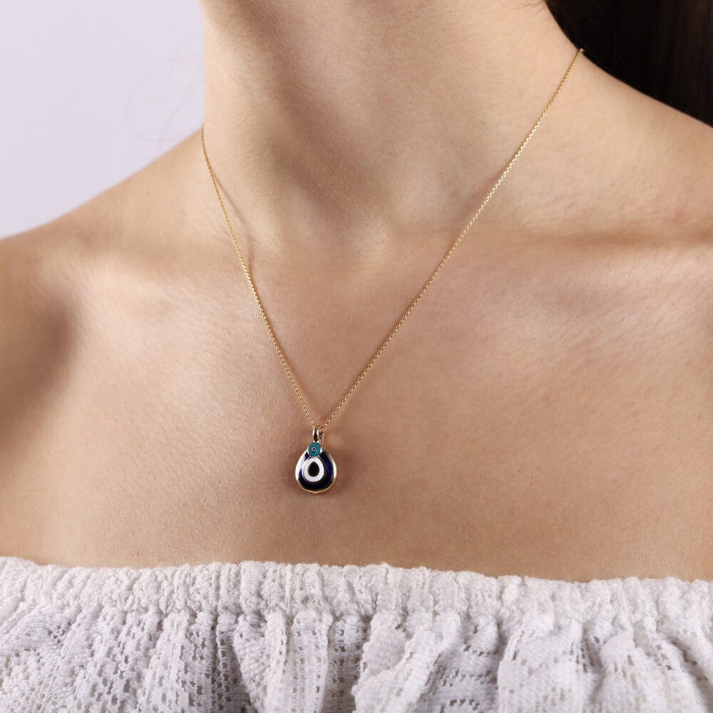 14K Evil Eye Solid Gold Necklace Enamel Drop