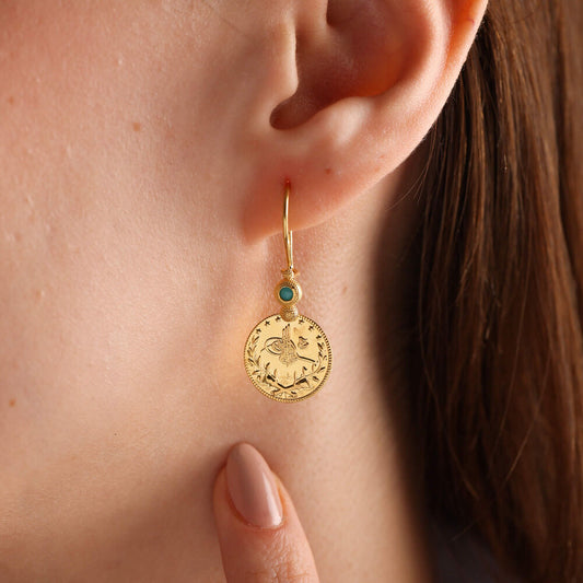 14K Solid Gold Resat Dangle Earrings Turquoise Gemstone