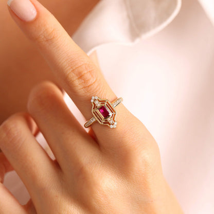 14K Solid Gold Ruby Ring Special Design Coral