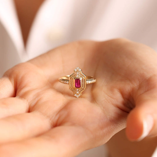 14K Solid Gold Ruby Ring Special Design Coral