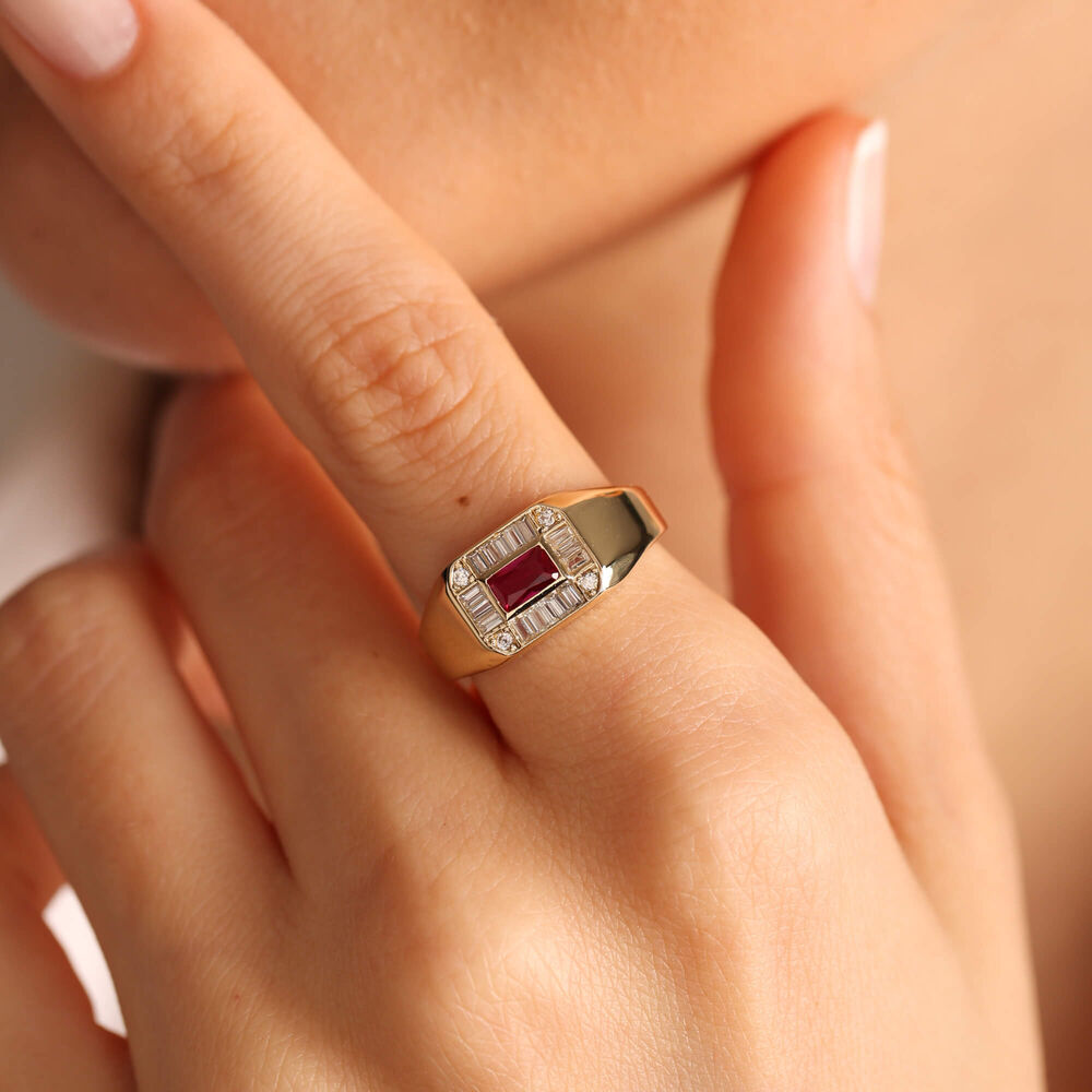 14K Solid Gold Ruby Ring Special Design Square