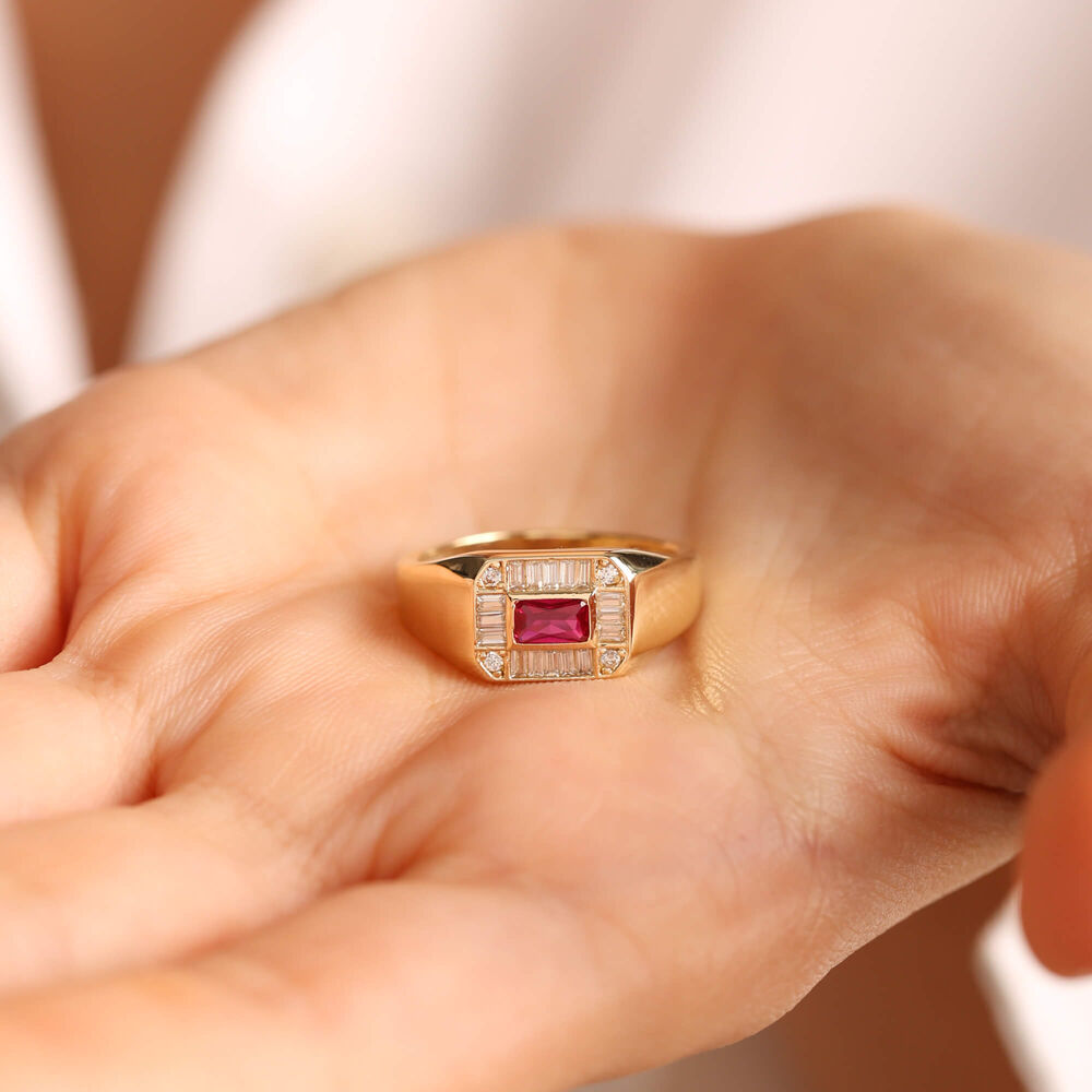 14K Solid Gold Ruby Ring Special Design Square