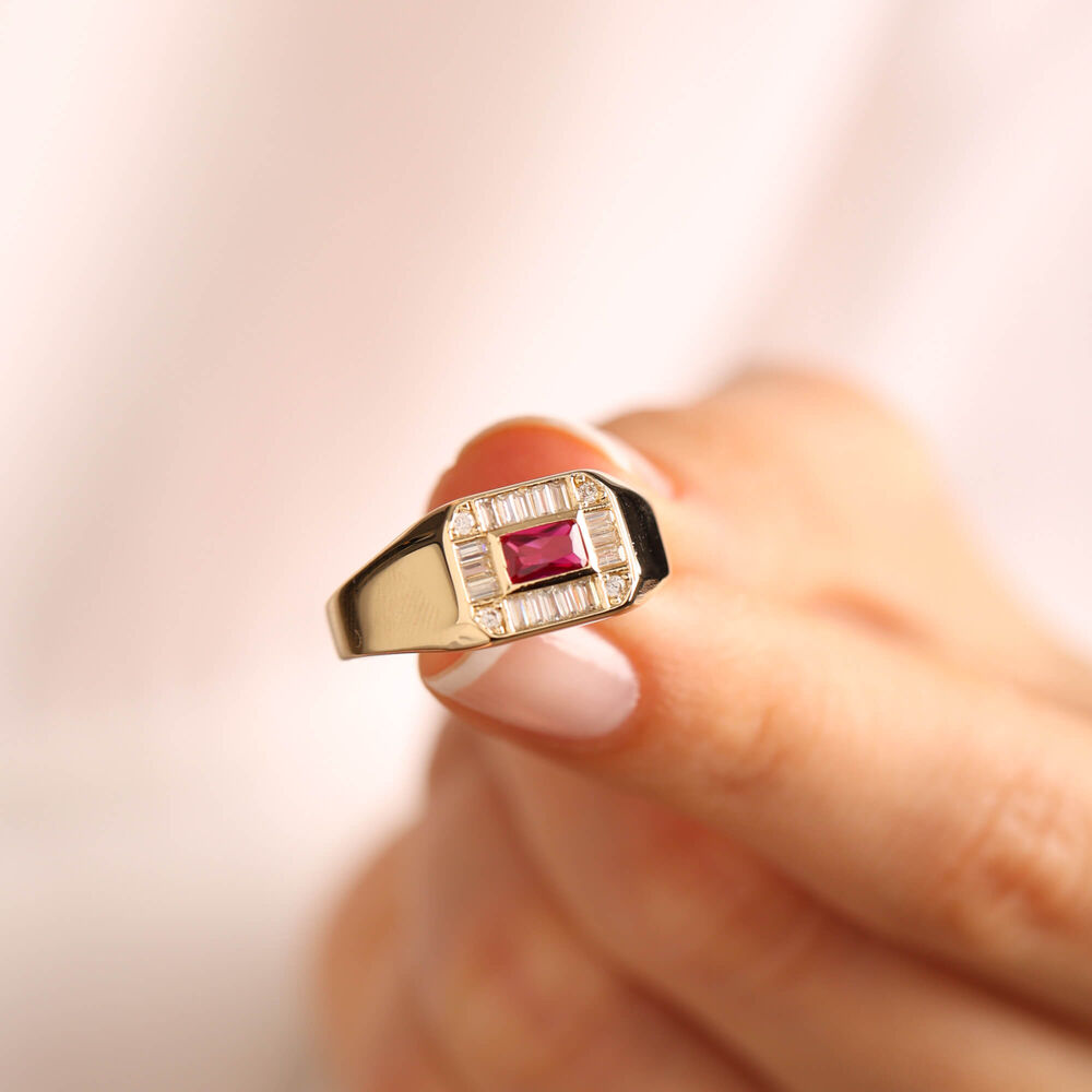 14K Solid Gold Ruby Ring Special Design Square