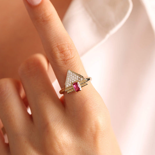 14K Solid Gold Ruby Ring Special DesignTriangle