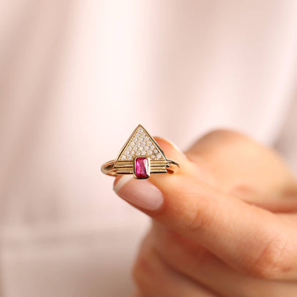 14K Solid Gold Ruby Ring Special DesignTriangle