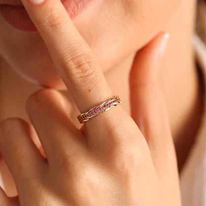 14K Solid Gold Winding Dainty Ruby Ring