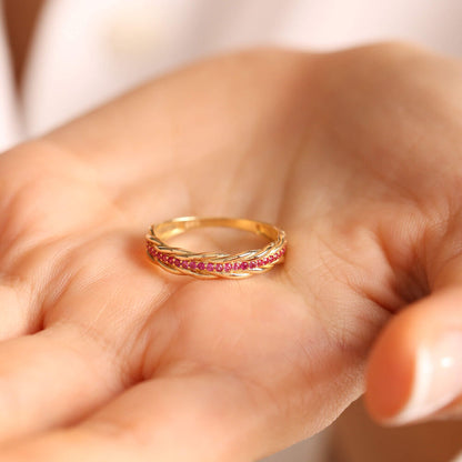 14K Solid Gold Winding Dainty Ruby Ring