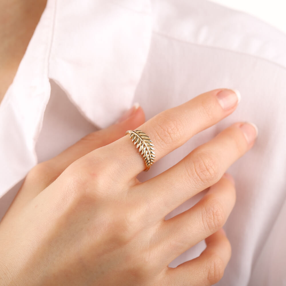 14K Solid Gold Crown Leaf Ring