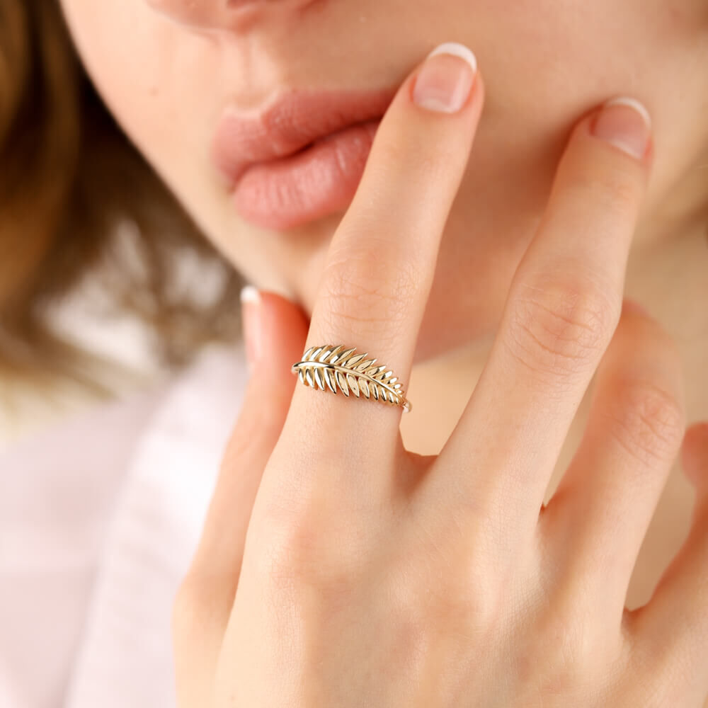 14K Solid Gold Crown Leaf Ring