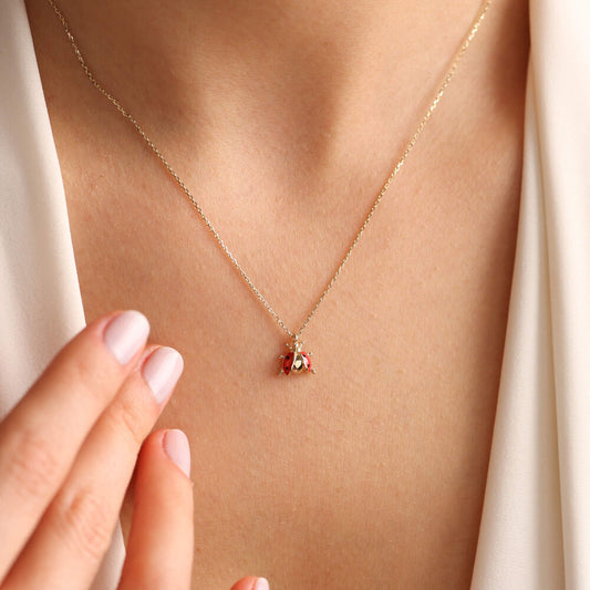 14K Solid Gold Ladybug Necklace Minimal