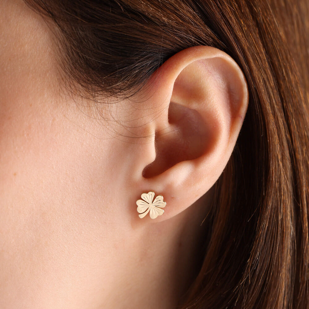 14K Solid Gold Clover Earrings