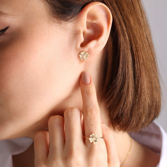 14K Solid Gold Clover Ring &Earrings