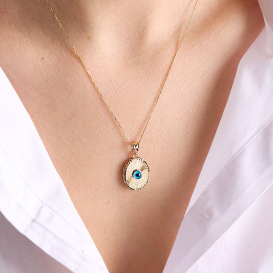14K Evil Eye Solid Gold Necklace Oval Mirror
