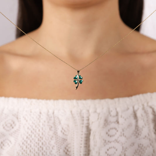 14K Heart Clover Solid Gold Necklace Enamel Design