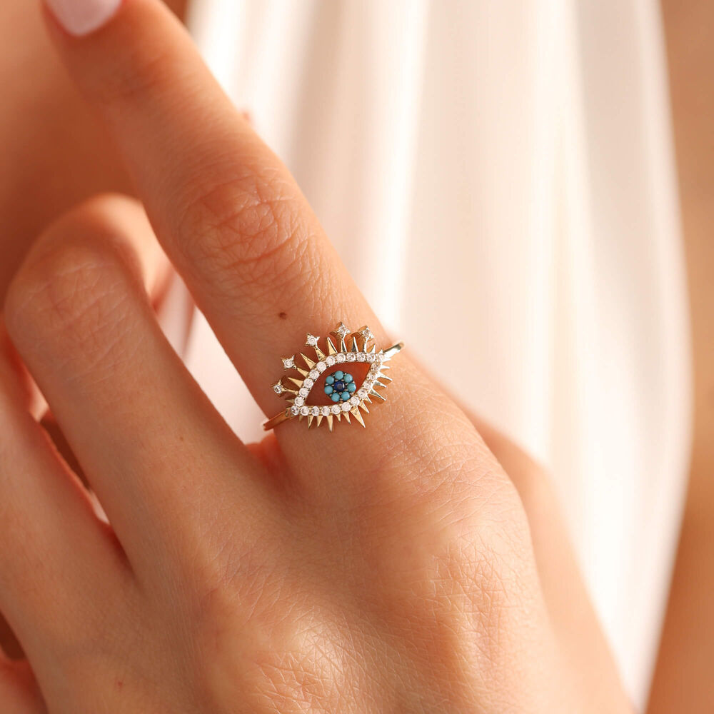 14K Special Design Solid Gold Evil Eye Ring Turquoise