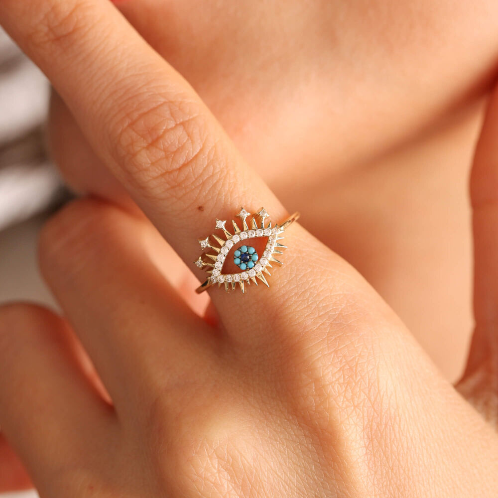 14K Special Design Solid Gold Evil Eye Ring Turquoise