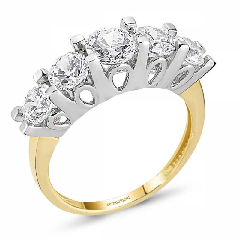 14K Yellow Solid Gold Five Stoness Ring