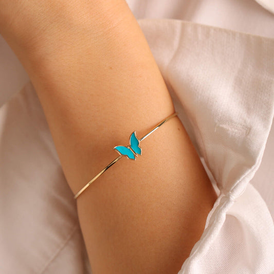 14K Solid Gold Butterfly Bracelet Blue Enamel