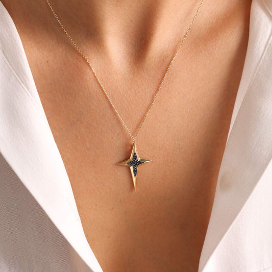 14K Solid Gold Pole Star Necklace Onyx 3,0 cm