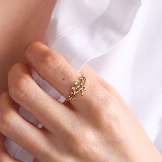 14K Solid Gold Olive Branch Ring