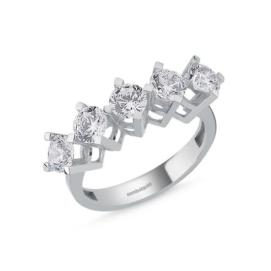 Five Stoness Ring White Solid Gold Zircon