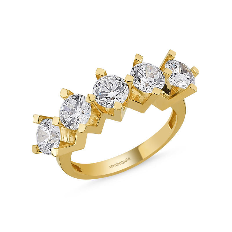 Five Stoness Ring Yellow Solid Gold Zircon