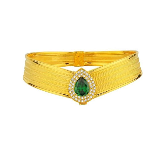 8K Solid Gold Wicker Bracelet Four Rows Emerald Gemstone