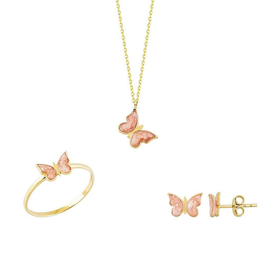 Solid Gold Three Set Pearl Butterfly 14K Solid Gold