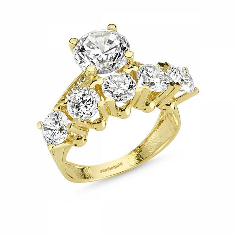 Solid Gold Five Stoness Solitaire Ring Zircon Gemstone