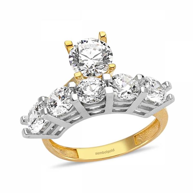 Solid Gold Five Stoness And Solitaire Ring Zircon Patent