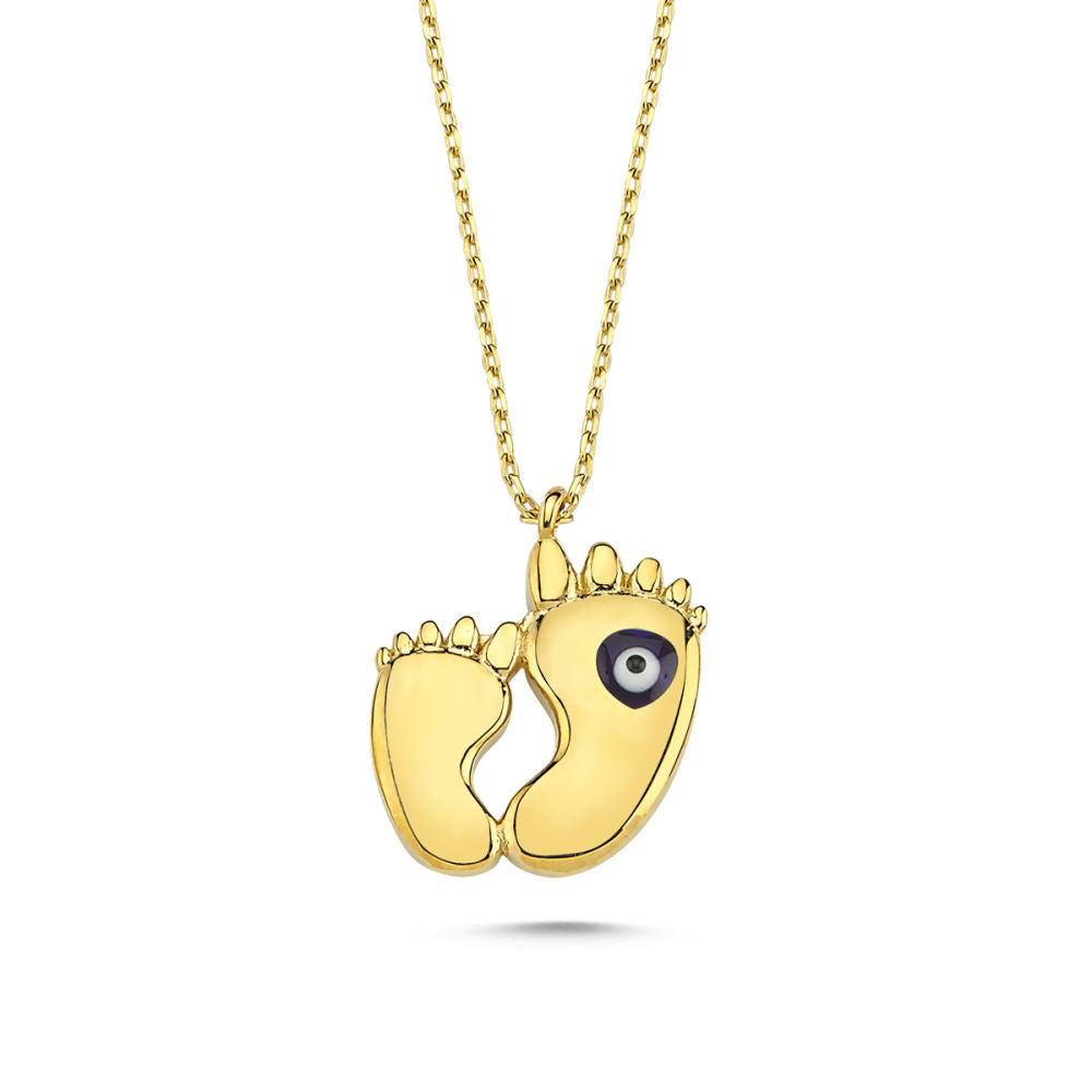 Solid Gold Mother and Baby Footprint Necklace Evil Eye