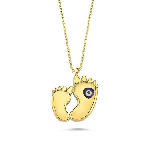 Solid Gold Mother and Baby Footprint Necklace Evil Eye