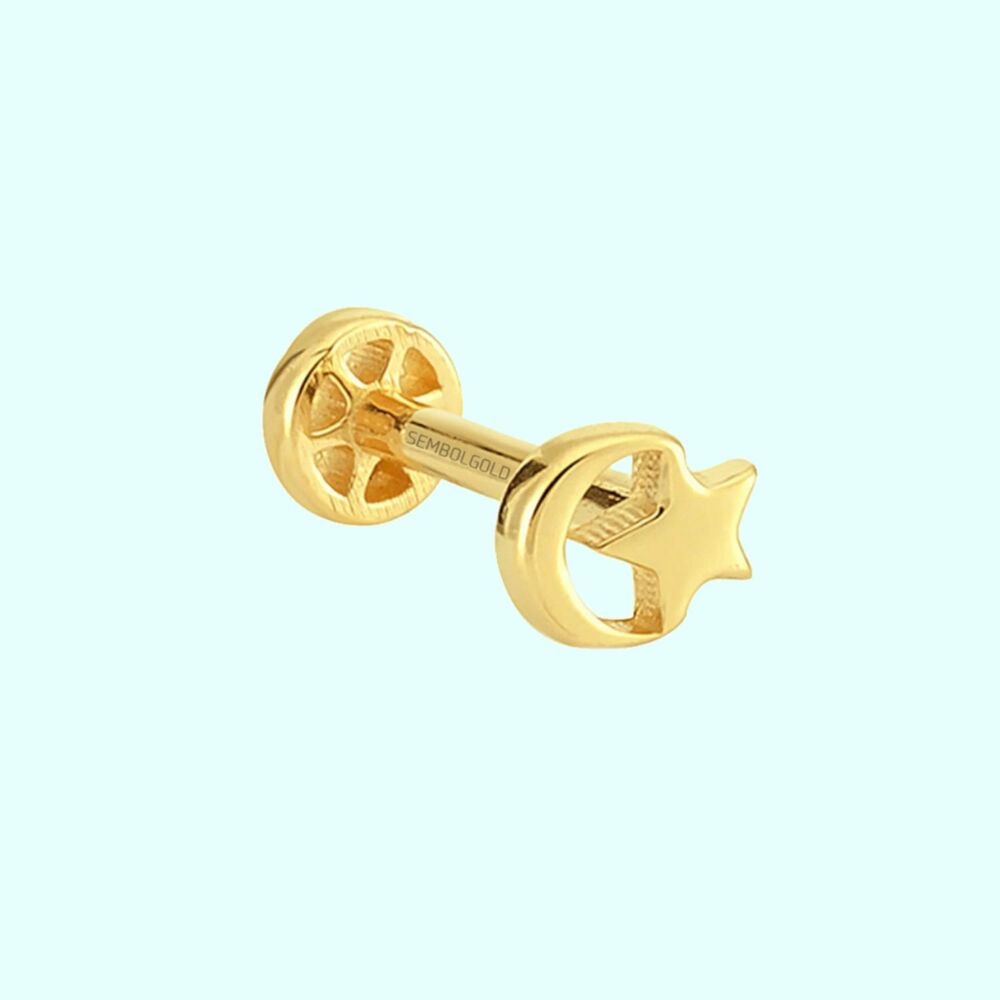 Solid Gold Moon Star Tragus Piercing 14K