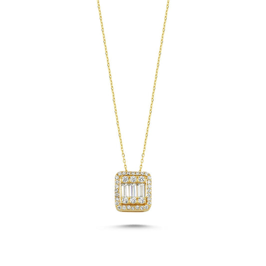 Solid Gold Baguette Necklace Square Design 14K