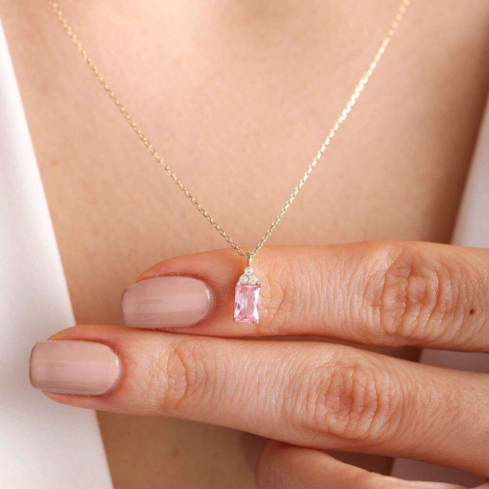 Solid Gold Baguette Necklace Pink Topaz